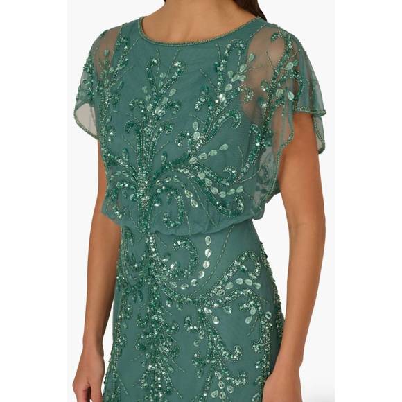 NEW ADRIANNA PAPELL beaded mesh boat neck flutter sleeve blouson dress in green - Picture 3 of 4